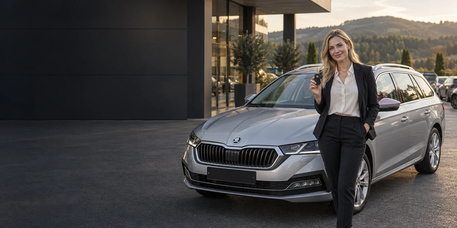 Woman holding a car key beside a silver estate car
